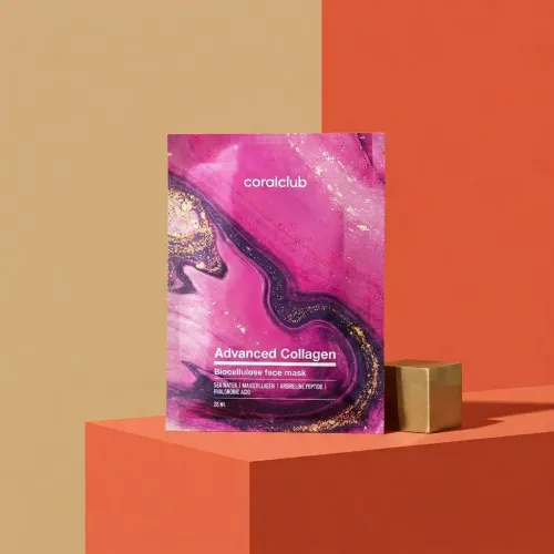 Advanced Collagen Biocellulose Facial Mask packshot on a colorful background with gold accent.
