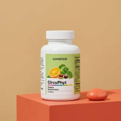 CircuPhyt dietary supplement bottle on a vibrant orange background with a coral stone.