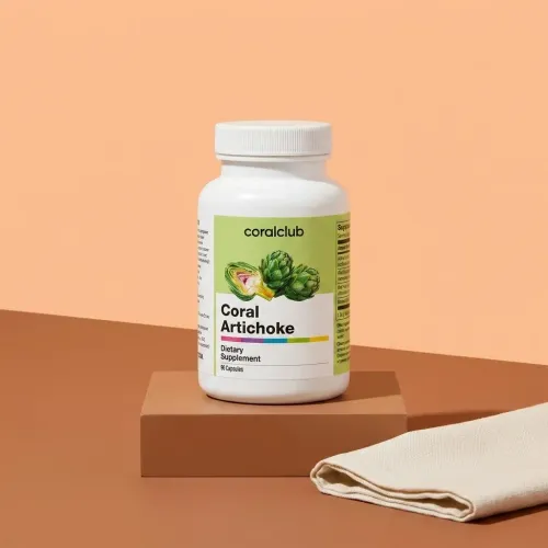Coral Artichoke dietary supplement packshot on a minimalist background.
