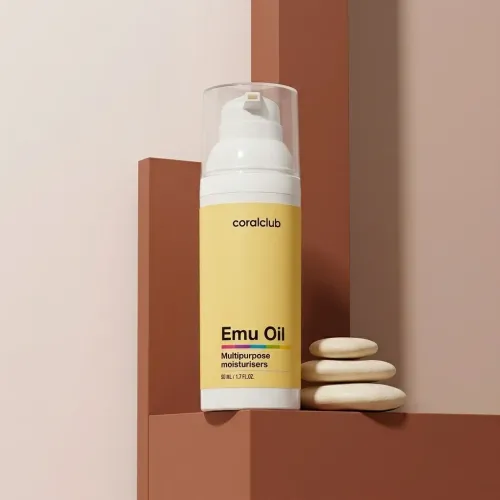 Emu Oil with Tea Tree Oil packshot featuring a yellow bottle and minimalist design.