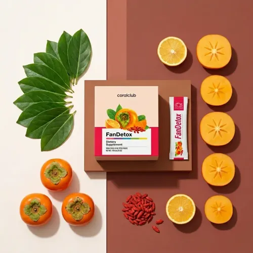 FanDetox dietary supplement with persimmons, goji berries, and citrus slices on a colorful background.