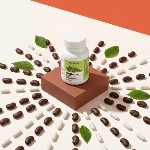 Griffonia ingredient supplement bottle surrounded by capsules and leaves on a colorful background.