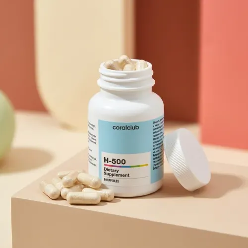 H-500 dietary supplement bottle with capsules on a minimalist background.