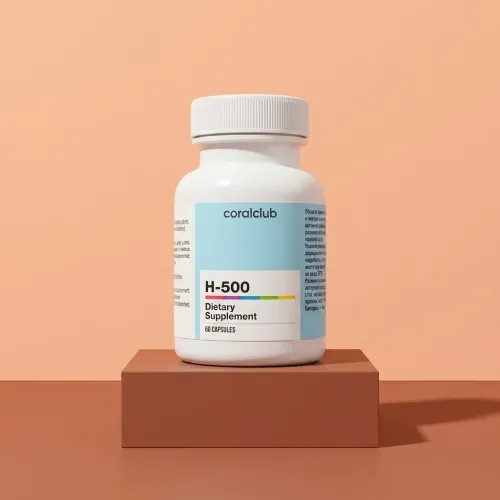 H-500 Dietary Supplement packshot with 68 capsules on a minimalist pedestal.