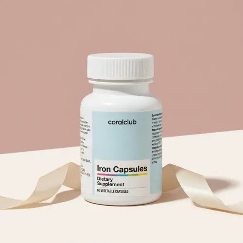 Iron Capsules dietary supplement packshot with white bottle and soft pastel background.