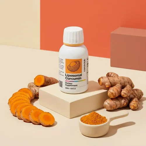 Liposomal Curcumin dietary supplement with turmeric root and powder on a neutral background.
