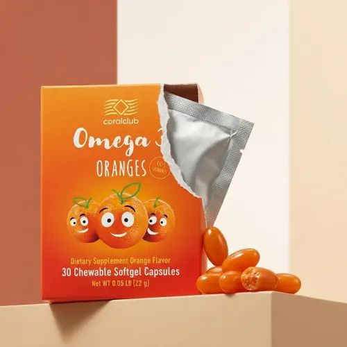 Omega 3 Oranges dietary supplement box with orange-flavored chewable softgel capsules.