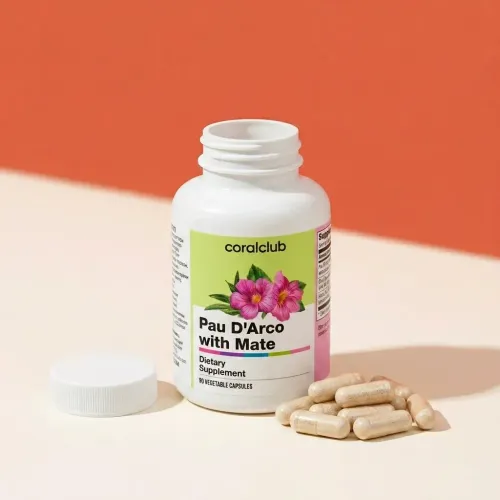 Pau d'Arco with Mate dietary supplement bottle and capsules on a light surface.