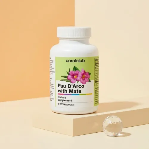Pau d'Arco Mate dietary supplement bottle with floral design on a minimalist background.
