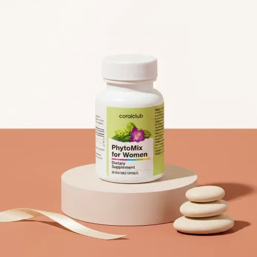 PhytoMix for Women dietary supplement packshot with capsules and smooth stones on a minimalist background.