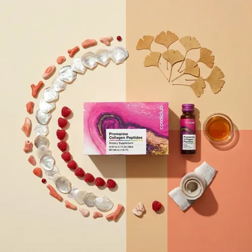 Promarine Collagen Peptides ingredient layout with berries, ginkgo leaves, and colorful supplement packaging.