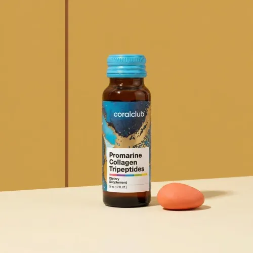 Promarine Collagen Tripeptides packshot with a bottle and a peach-colored supplement capsule.