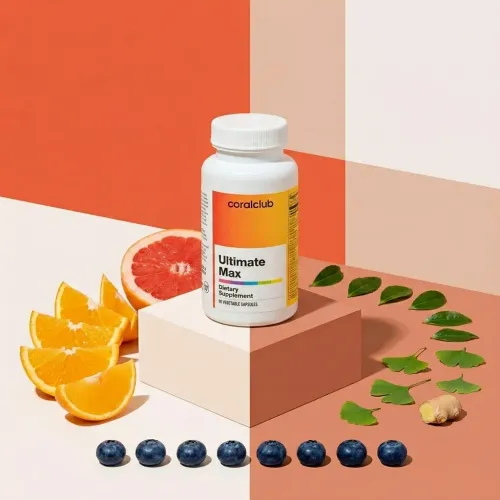 Ultimate Max dietary supplement bottle with fresh citrus fruits, blueberries, and ginger on a colorful background.