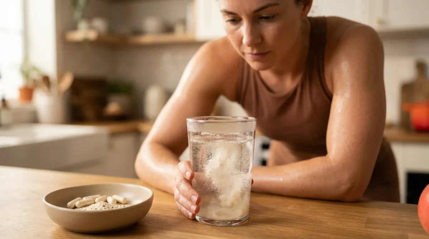 Sportler mischt im warmen Küchenlicht einen Coral Club Recovery-Drink mit Aminosäurepulver für optimierte Sports Nutrition