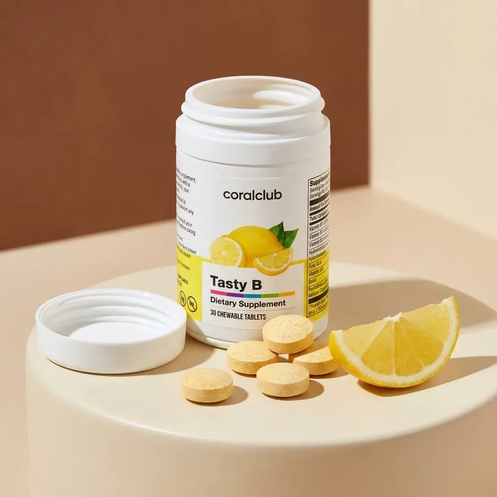 Tasty B dietary supplement bottle with chewable lemon-flavored tablets and fresh lemon slices.