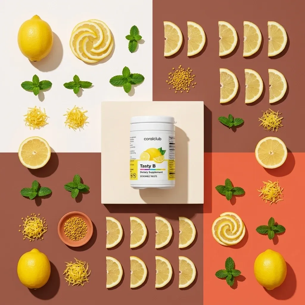 Tasty B dietary supplement with lemons, mint, and zest arranged artistically.