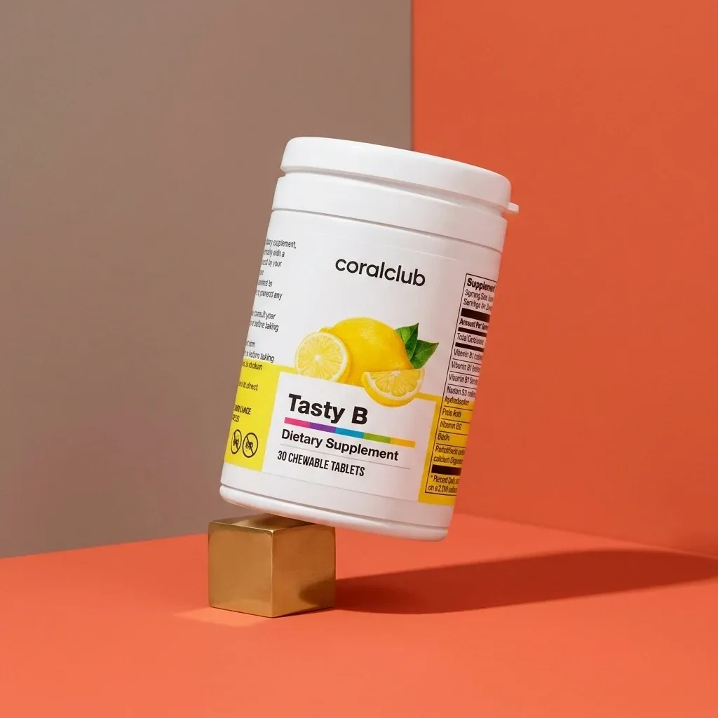 Tasty B dietary supplement packshot with lemon flavor and 30 chewable tablets.