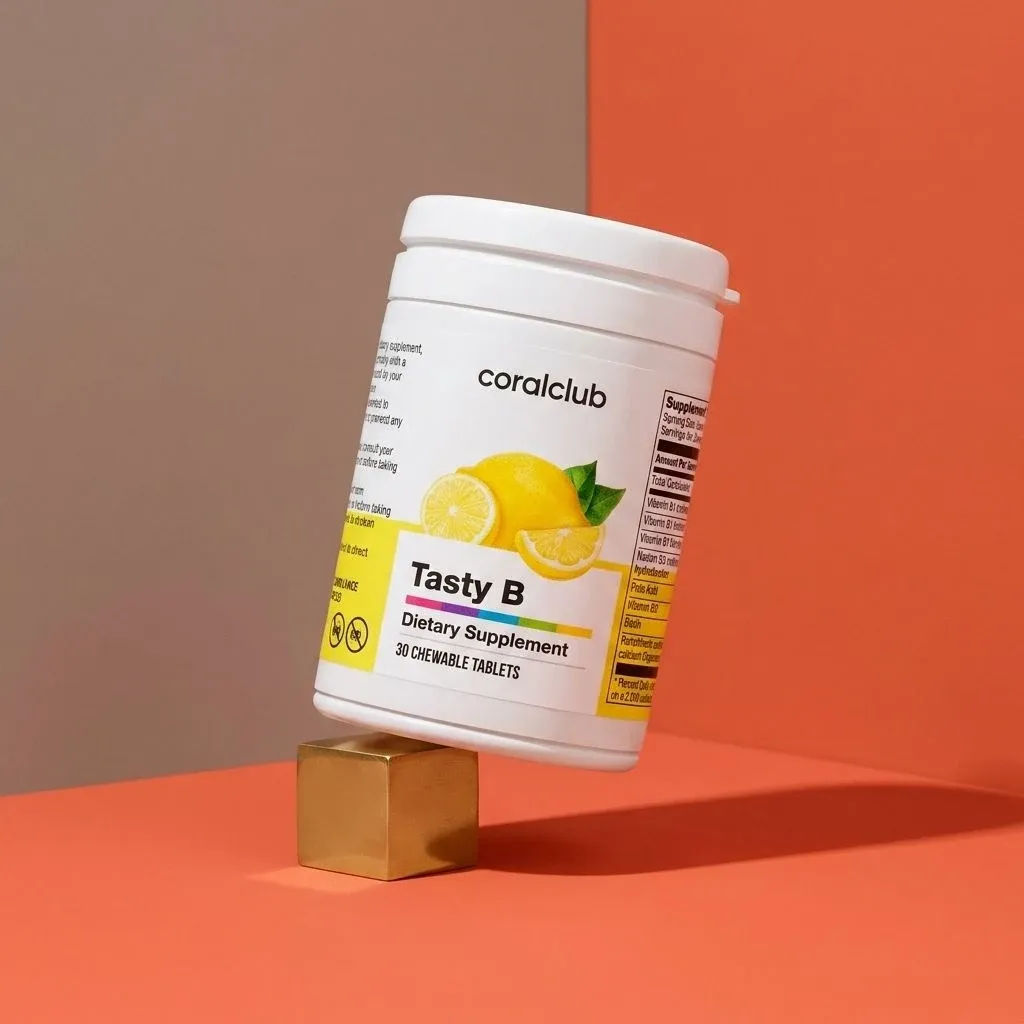 Tasty B dietary supplement packshot with lemon flavor and 30 chewable tablets.