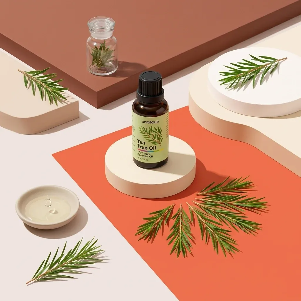 Tea Tree Oil bottle with fresh tea tree leaves on a colorful geometric background.