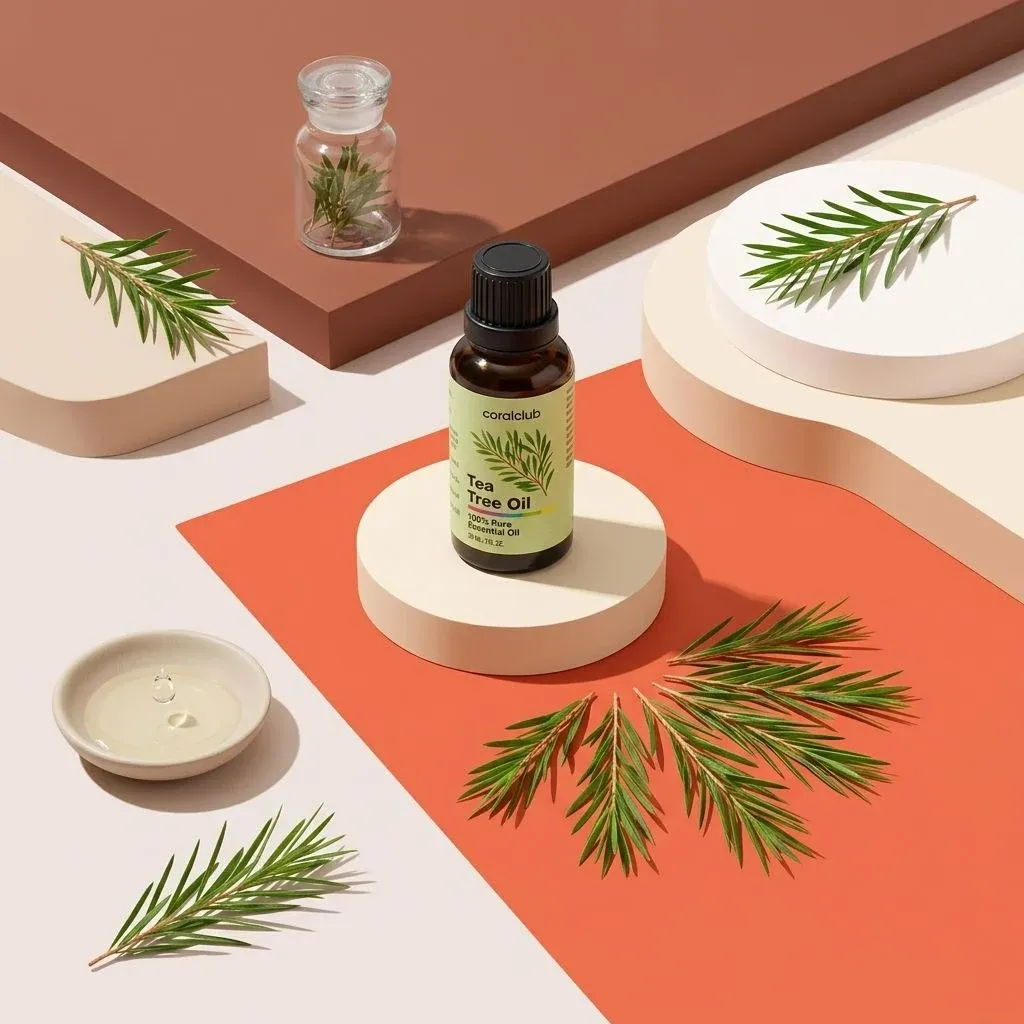 Tea Tree Oil bottle with fresh tea tree leaves on a colorful geometric background.