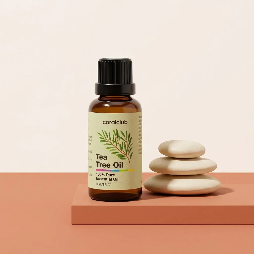Tea Tree Oil packshot with essential oil bottle and stacked stones on a minimalist background.