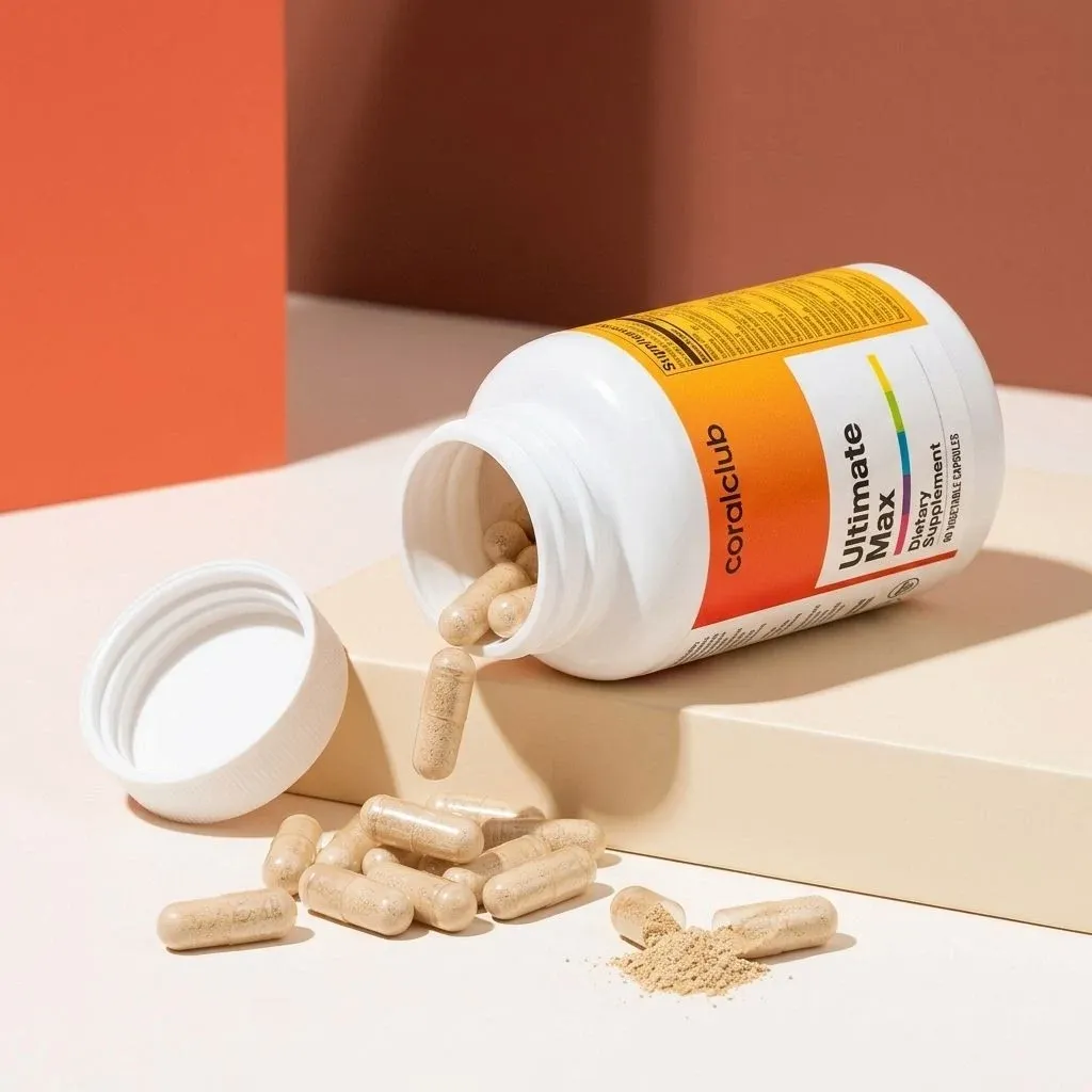 Ultimate Max detail shot with capsules spilling from a white bottle on a neutral background.