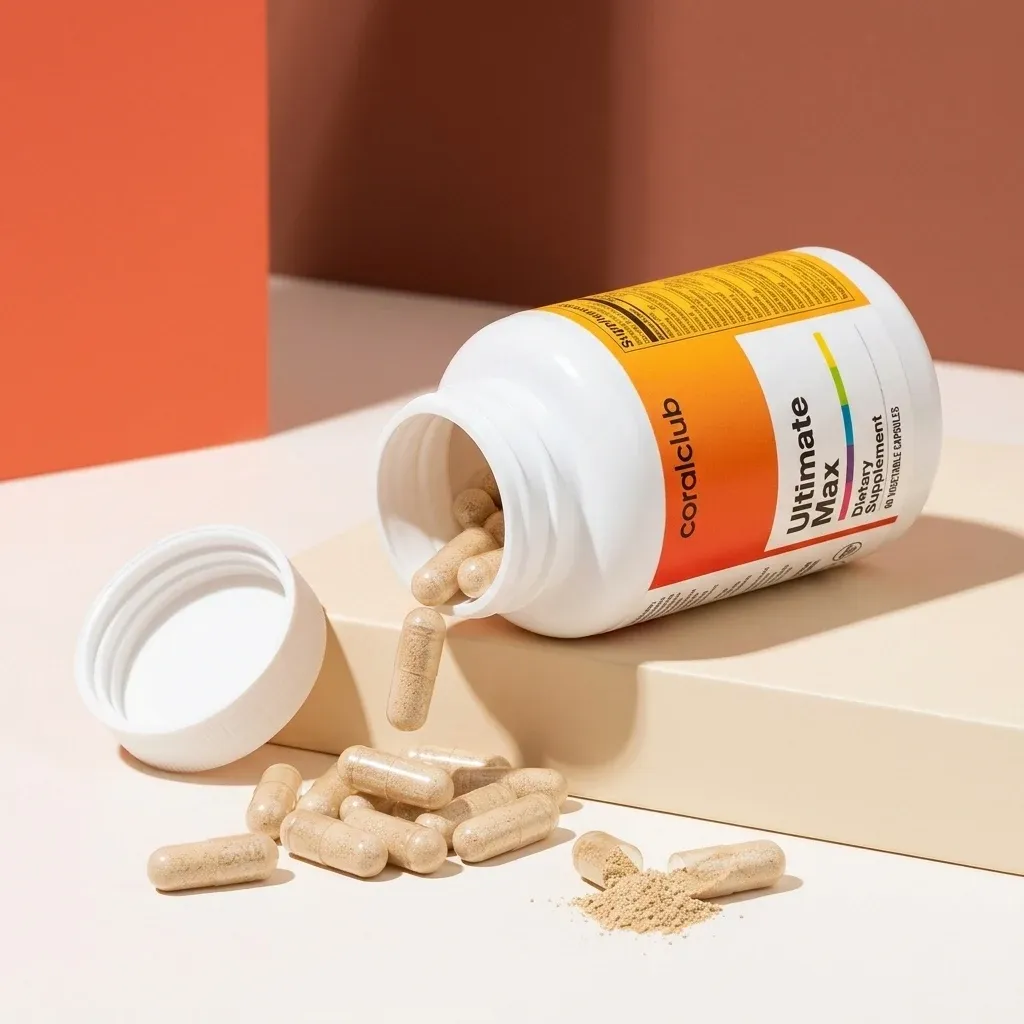 Ultimate Max detail shot with capsules spilling from a white bottle on a neutral background.