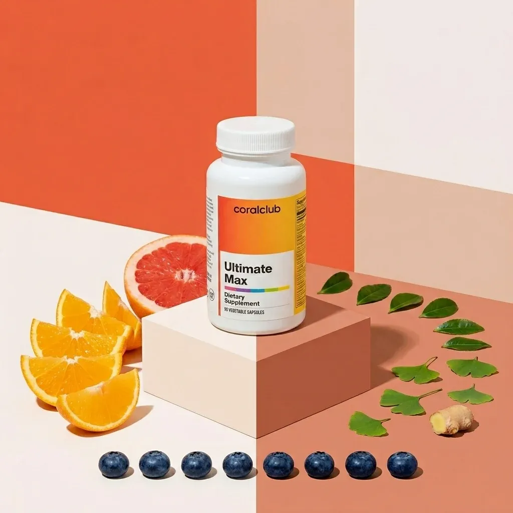 Ultimate Max dietary supplement bottle with fresh citrus fruits, blueberries, and ginger on a colorful background.
