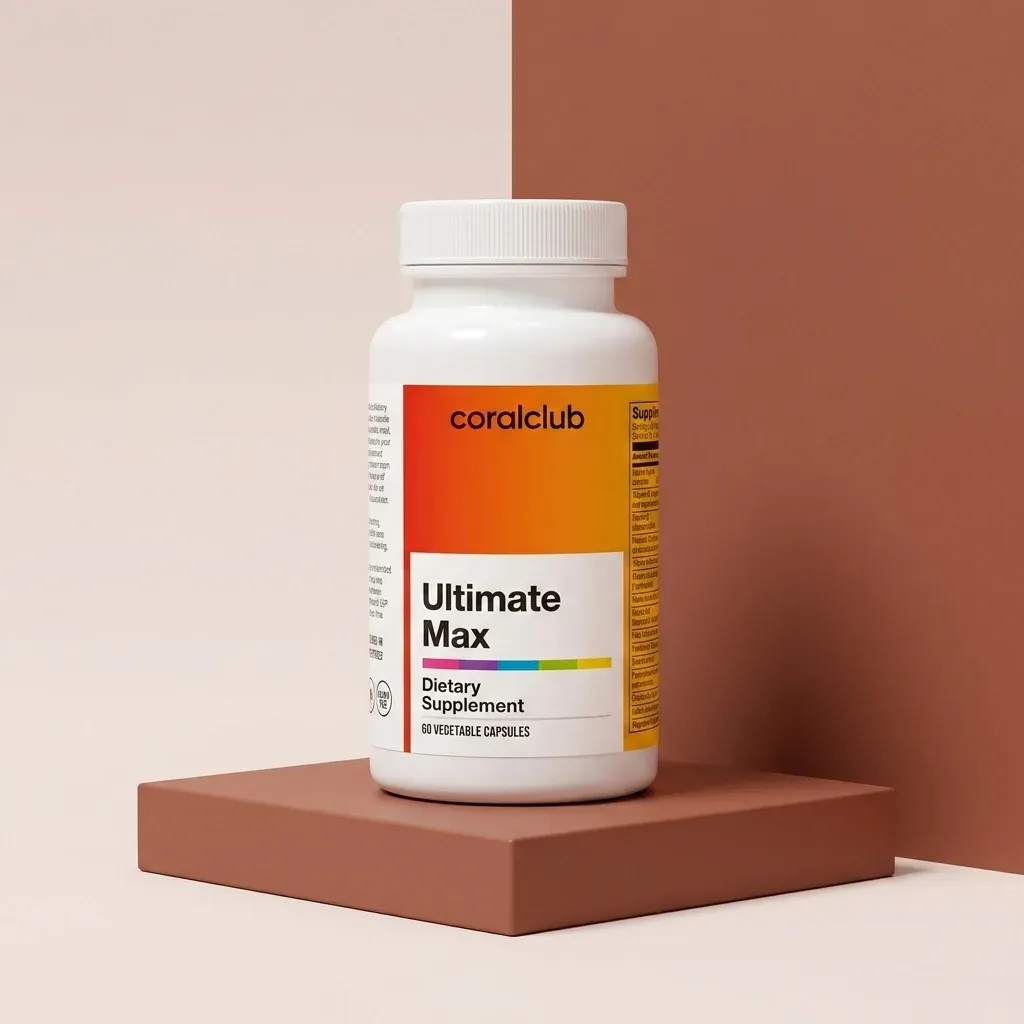Ultimate Max dietary supplement packshot with 60 vegetable capsules on a minimalist background.