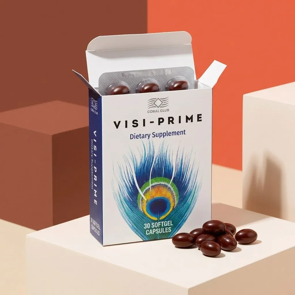 Visi-Prime dietary supplement box with softgel capsules and peacock feather design.