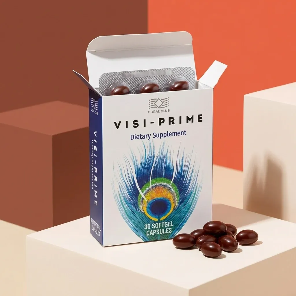 Visi-Prime dietary supplement box with softgel capsules and peacock feather design.