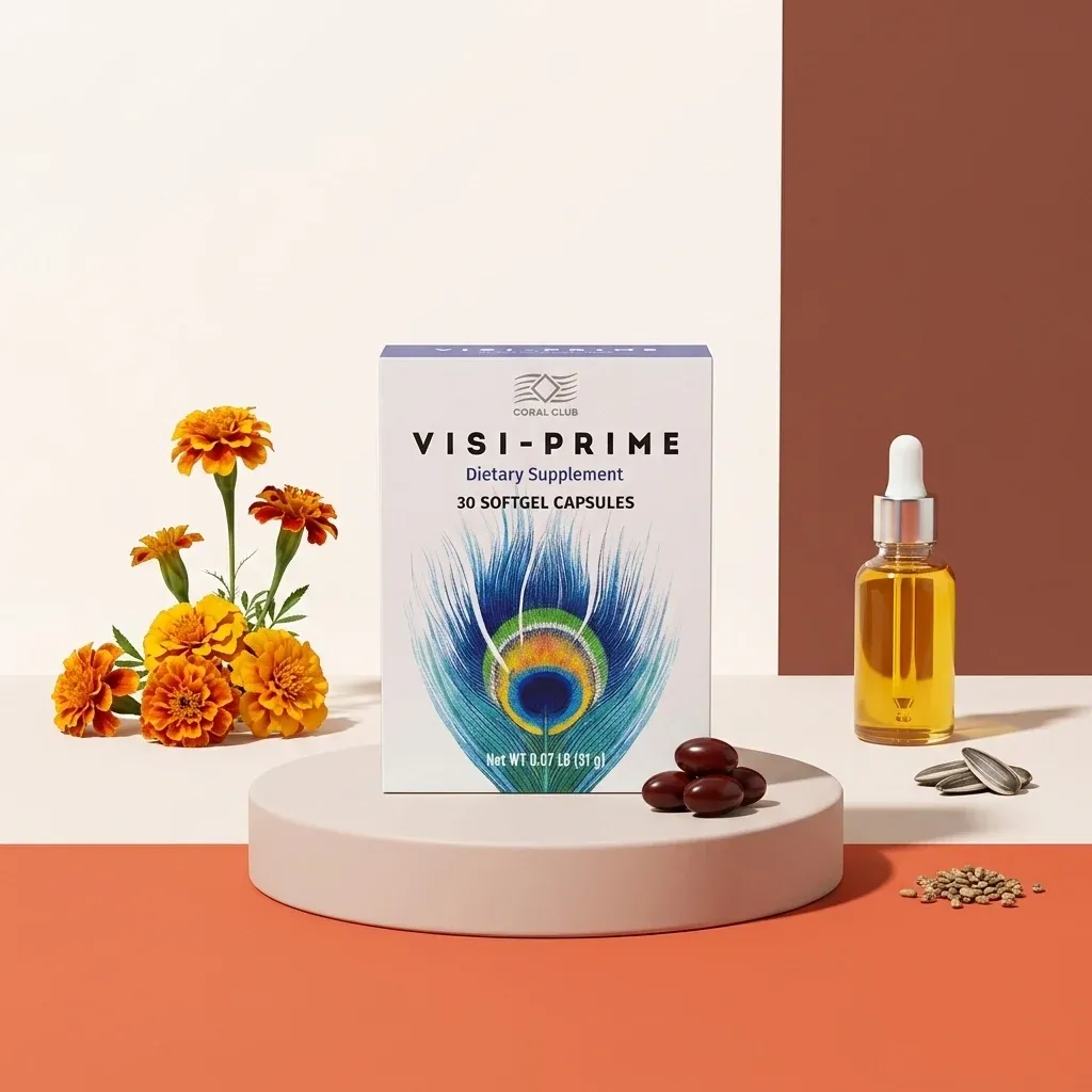Visi-Prime dietary supplement with softgel capsules, featuring natural ingredients and floral accents.