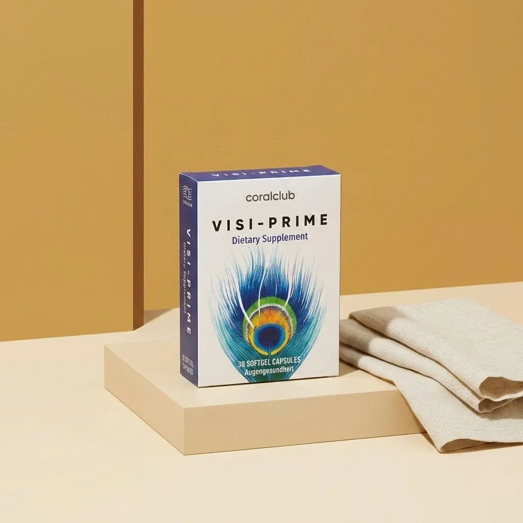 Visi-Prime dietary supplement packshot with colorful peacock feather design and softgel capsules.