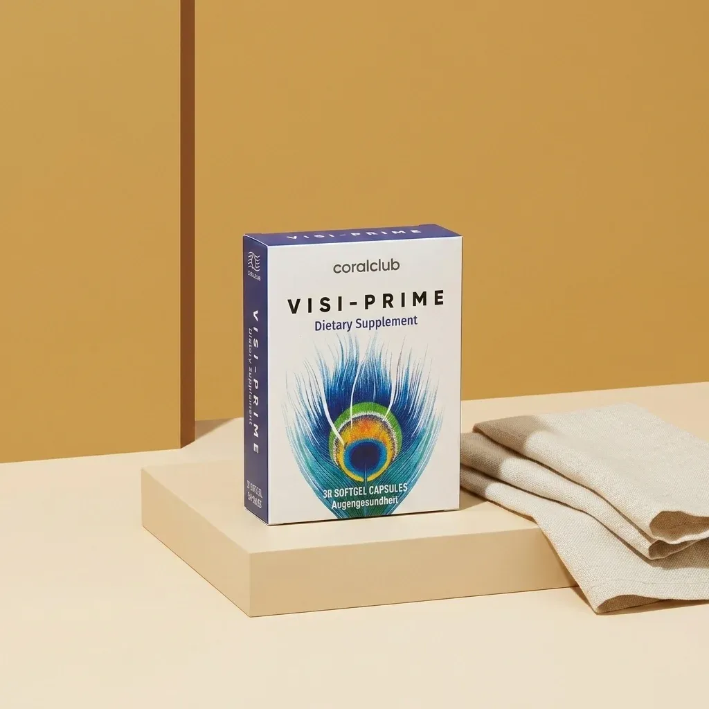 Visi-Prime dietary supplement packshot with colorful peacock feather design and softgel capsules.