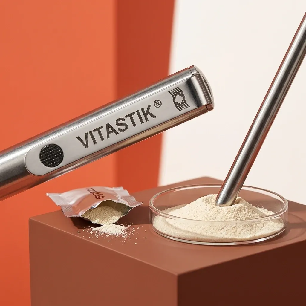 Vitastik detail image showing the device and powdered ingredients in a dish.