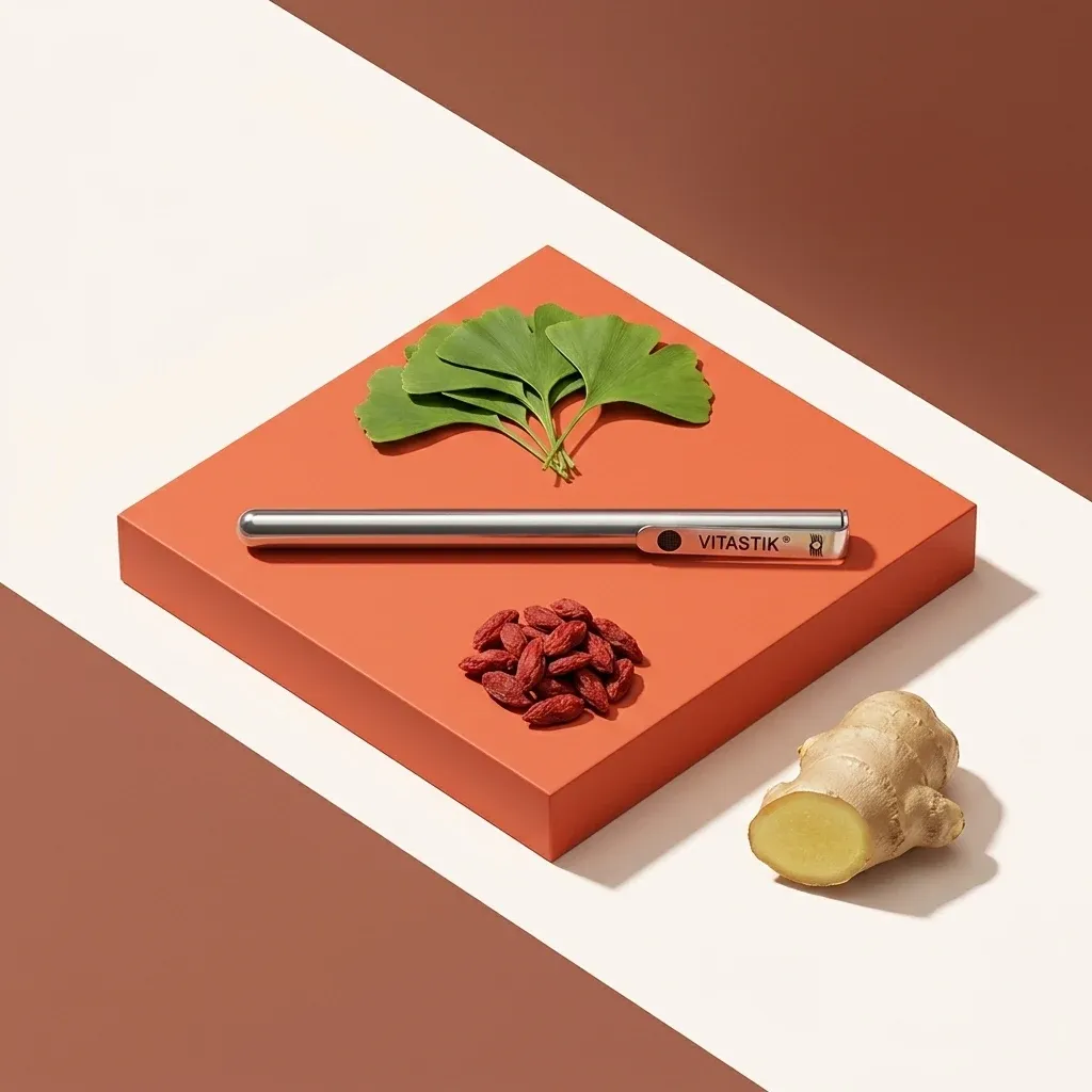 Vitastik with goji berries, ginkgo leaves, and ginger on a geometric background.