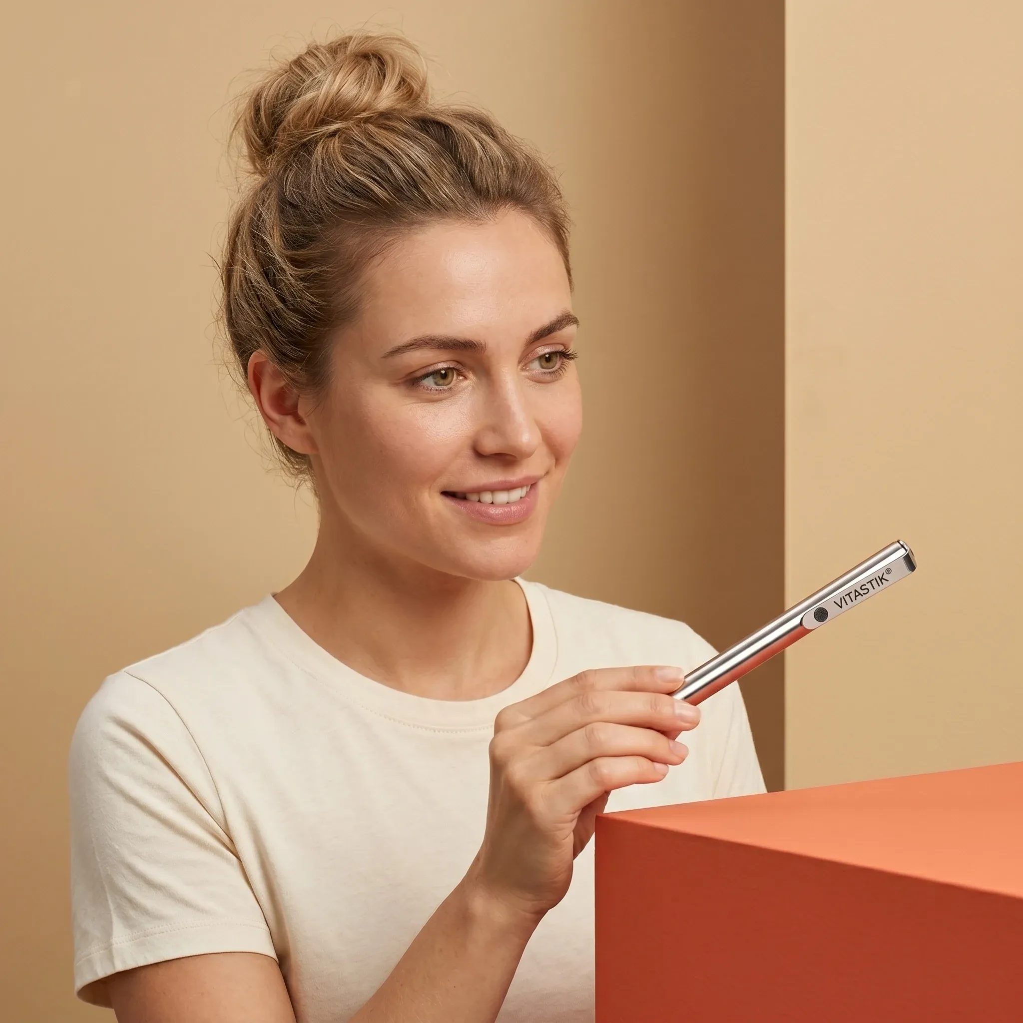 Woman using Vitastik in a lifestyle setting, showcasing the sleek design and modern aesthetic.
