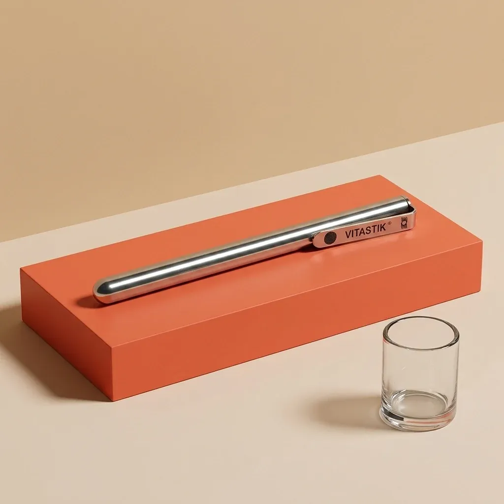 Vitastik packshot featuring a sleek silver design on an orange background with a glass beside it.