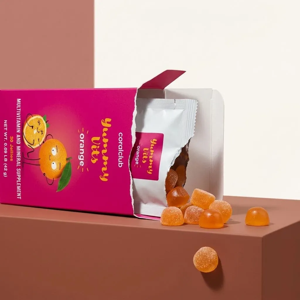 Yummy Vits Orange multivitamin gummies spilling from an opened box on a beige surface.