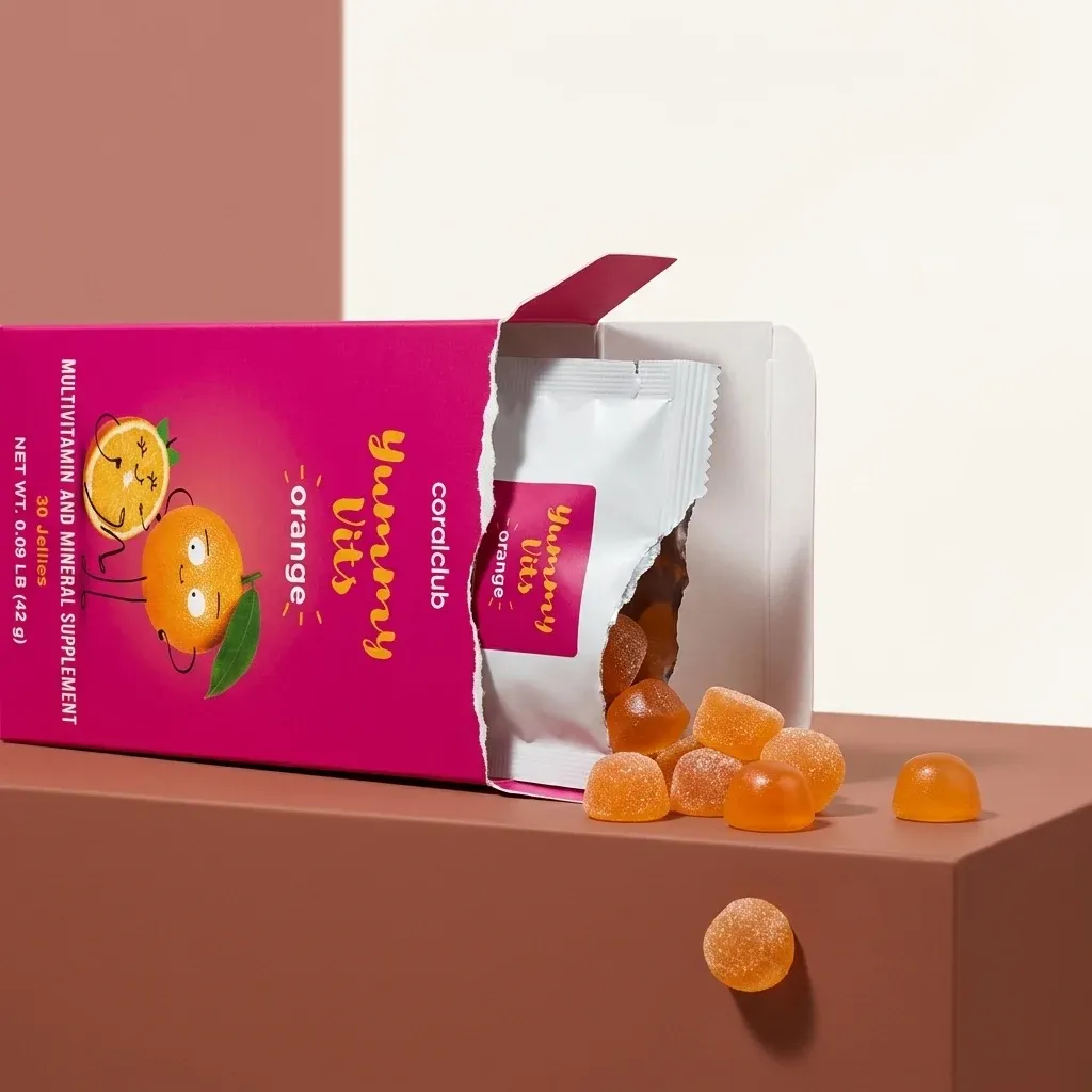 Yummy Vits Orange multivitamin gummies spilling from an opened box on a beige surface.