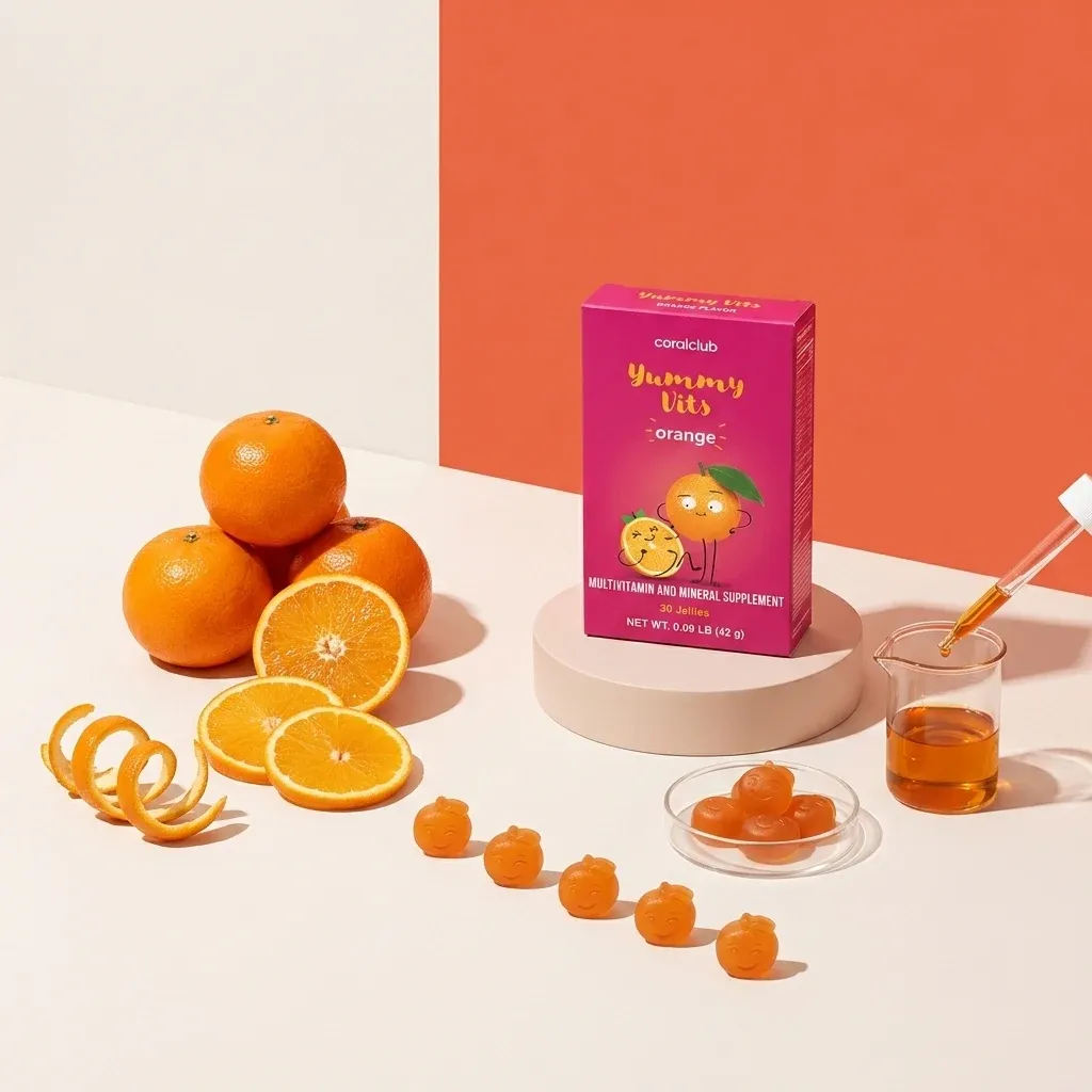 Yummy Vits Orange multivitamin gummies with fresh oranges and a dropper on a pastel background.
