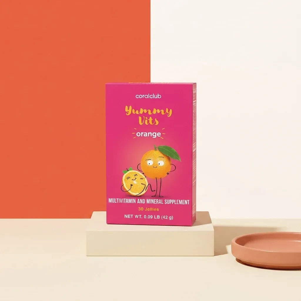 Yummy Vits Orange packshot featuring a colorful box with a cartoon orange character, 30 jellies.