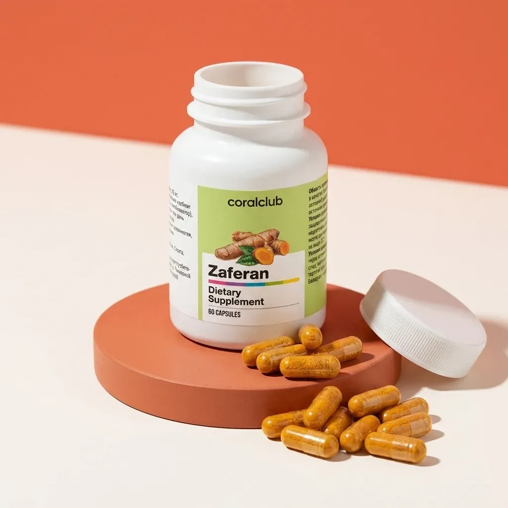 Zaferan dietary supplement bottle with capsules on a colored surface.