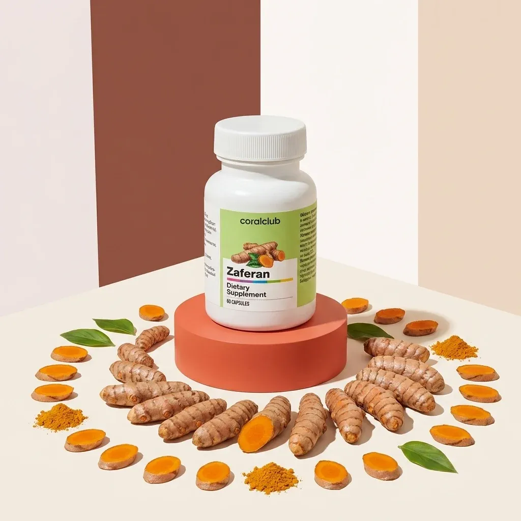 Zaferan dietary supplement bottle with turmeric roots and powder on a decorative display.