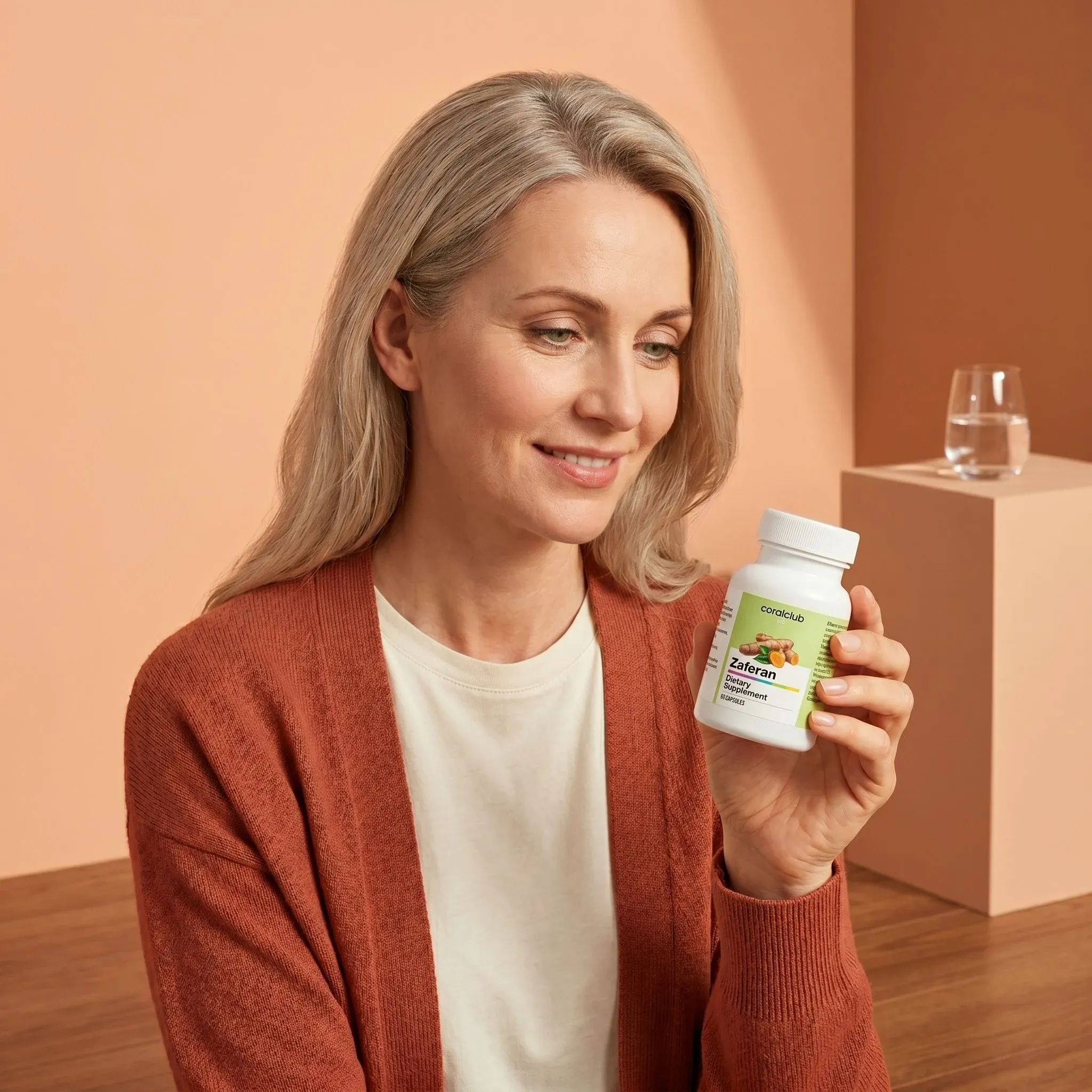 Woman holding Zaferan supplement bottle in a warm, minimalist setting.