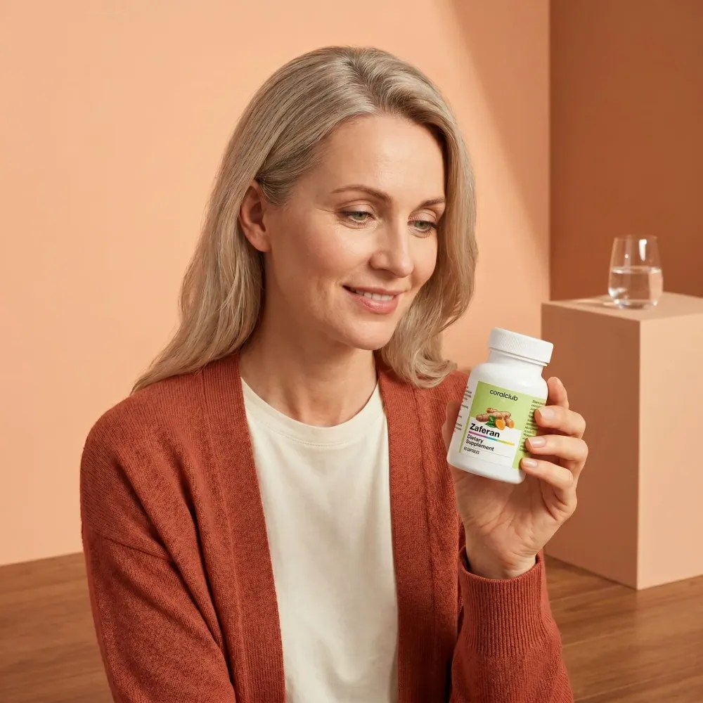 Woman holding Zaferan supplement bottle in a warm, minimalist setting.
