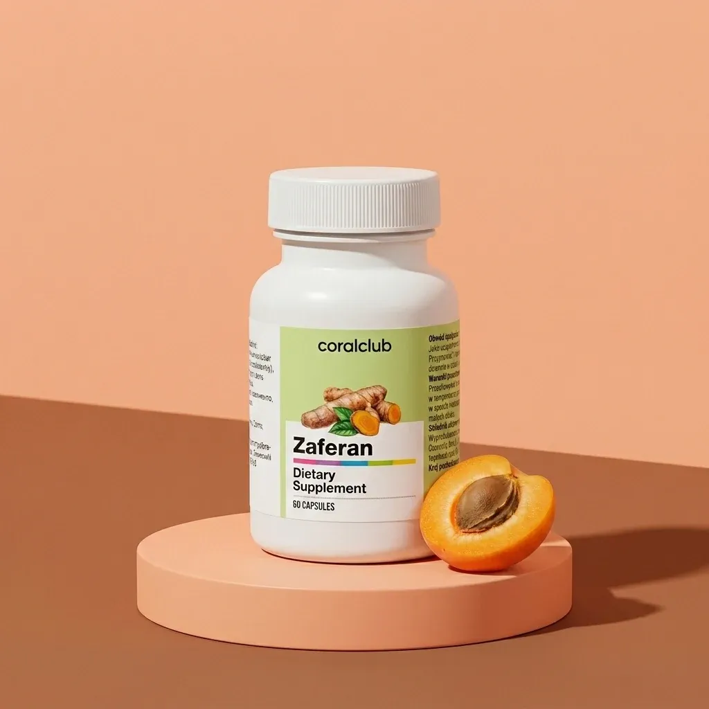 Zaferan dietary supplement packshot with capsules and an apricot on a pastel background.