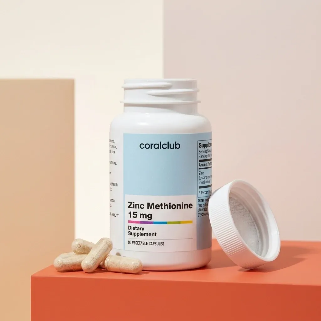 Zinc Methionine 15 mg dietary supplement bottle with vegetable capsules on a pastel background.