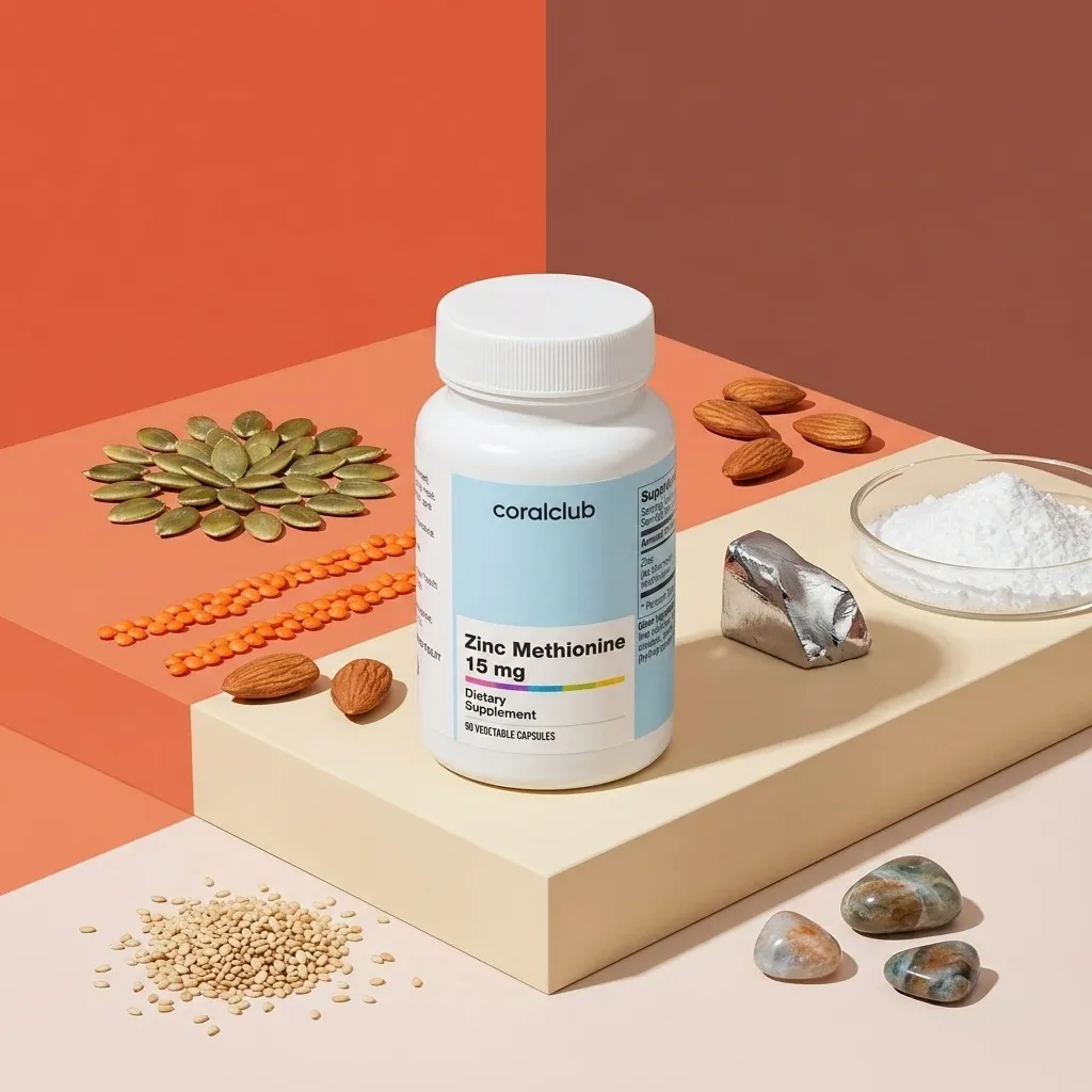 Zinc Methionine 15 mg bottle with almonds, seeds, and minerals on a colorful background.