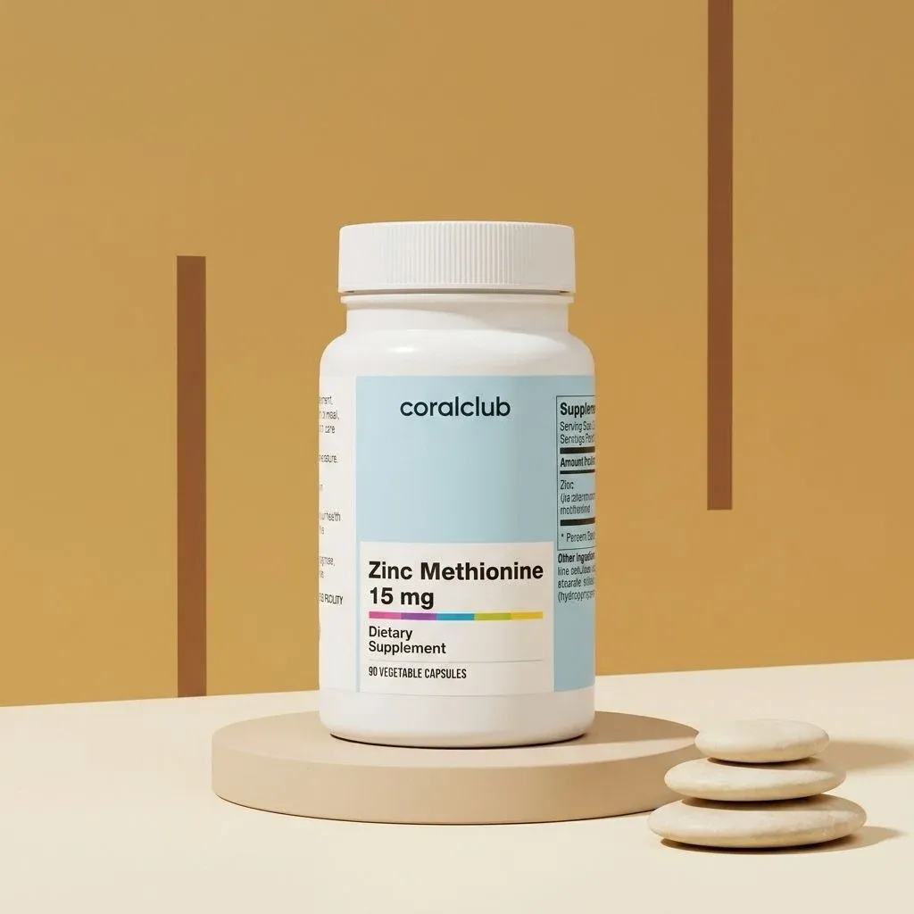 Zinc Methionine 15 mg dietary supplement packshot with white bottle and minimalist background.